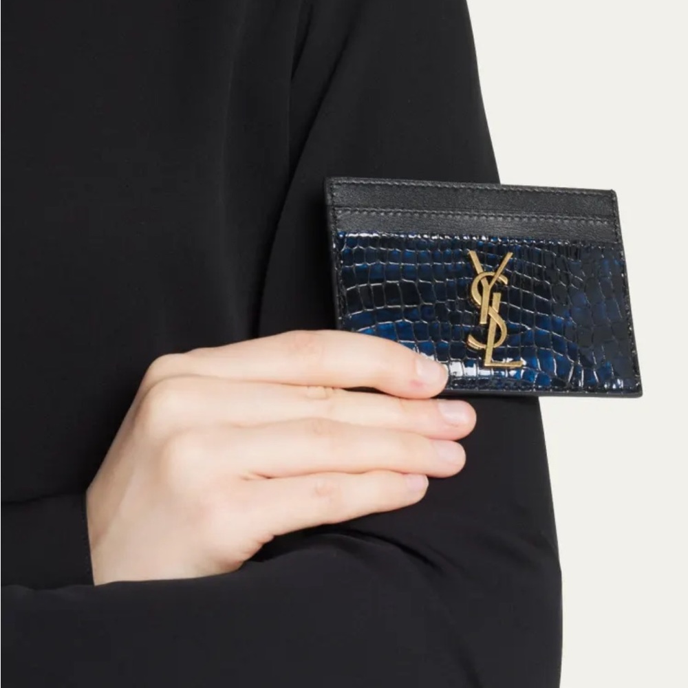 Saint Laurent YSL Monogram Croc-Embossed Card Case
